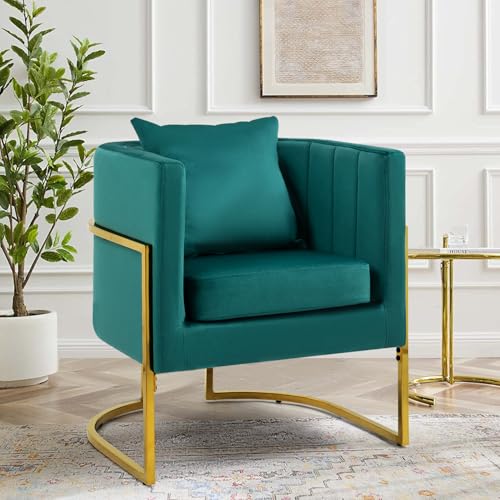 Velvet Accent Chair, Modern Barrel Arm Chair for Living Room/Bedroom/Guest Reception, Upholstered Club Armchair with Pillow & Gold Base, Green - color: Green, size: 1 PC