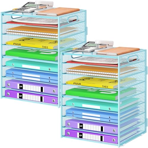 Cawukege 9 Tier Paper Organizer with Handle, Large Capacity Desk Organizer Mesh Paper Letter Tray File Folder Document Sorter for Classroom and Office Accessories Organization- Blue (2 Pack) - color: 2 Pack - Blue