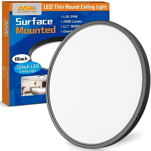 LED Flush Mount Ceiling Light Fixture, Black 1-Pack 24W 12inch 2880lm CCT 3000K/4000K/6500K Thin Round Flat Panel Light Surface Mount for Bedroom, Kitchen, Bathroom. Dimmable Ceiling Lamp - color: Black, size: 12inch 1-Pack