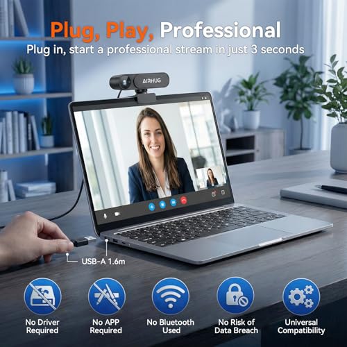 AIRHUG 4K UHD USB Webcam No Mic with Privacy Cover, USB Camera | 16MP Sony Sensor, PDAF Fast Focus, 63° Gold FOV, Auto Light Correction, Privacy Cover for Secure Meetings - style: 4K Webcam Without Mic