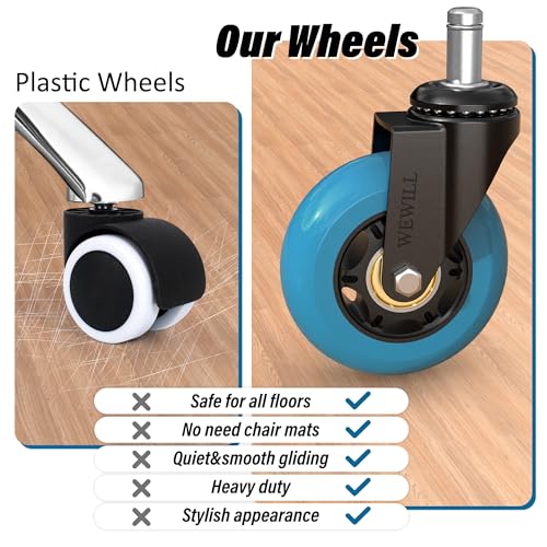 WEWILL Office Chair Wheels - Rubber Casters Replacement Universal Fit 98% Chair(Set of 5) Heavy Duty 3 Inch Smoothly & Quietly Safe for All Floor, Hardwood, Tile, Carpet, Noise Free - Navy - color: Navy
