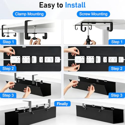 36" Under Desk Cable Management Tray, No-Drill Clamp-On Under Desk Cord Management for Desk, Anti-Sag Fabric Wire Management for Power Strips, Cable Raceways Tray Cord Hiders for Office/Home (Black)