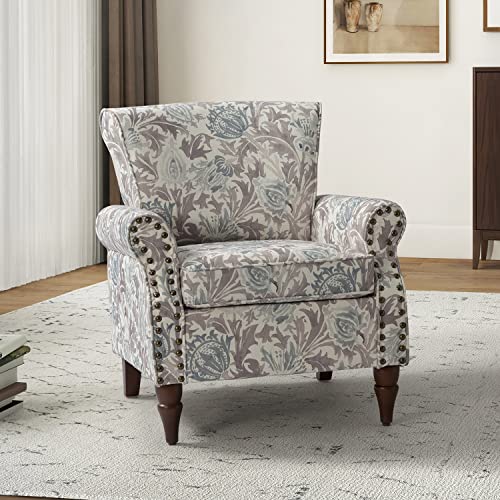 HULALA HOME Traditional Floral Accent Chair with Solid Wood Legs, Grey | Comfy Upholstered Armchair Reading Chair with Rolled Armrests, Nailhead Trim, Removable Cushion, for Living Room Bedroom - color: Grey