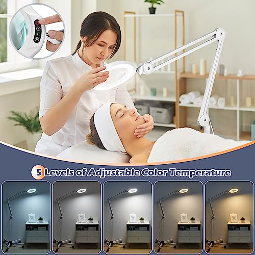 15X Magnifying Glass with Light and Stand, Real Glass Lens, 5 Color Modes, Stepless Dimmable, LED 2200 Lumens Floor lamp with 5 Wheels Rolling Base, Lighted Magnifier for Esthetician, Facials, Salon