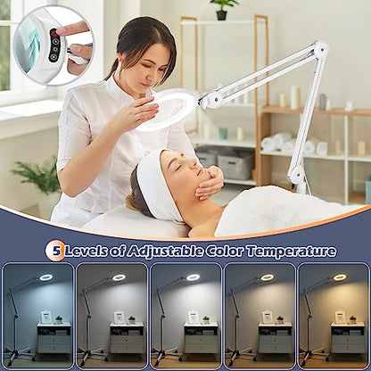 15X Magnifying Glass with Light and Stand, Real Glass Lens, 5 Color Modes, Stepless Dimmable, LED 2200 Lumens Floor lamp with 5 Wheels Rolling Base, Lighted Magnifier for Esthetician, Facials, Salon