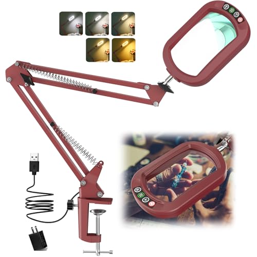 IVMAIE 12X Rectangle Magnifying Glass with Light, 5 Color Modes Stepless Dimmable Magnifier with Stand, LED Lighted Clamp Desk Lamp with Swing Arm, Hands Free for Reading Painting Close Work - Red - color: Red, size: 12X