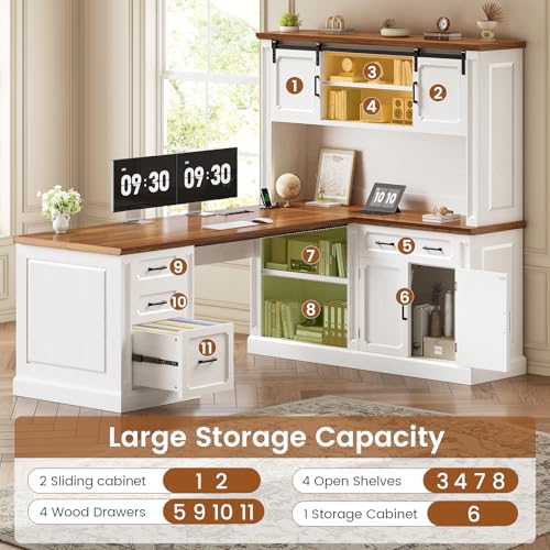 SEDETA 67" Farmhouse Executive L Shaped Desk with Hutch & Storage - color: White+brown, size: 67" L Shaped Desk with Hutch