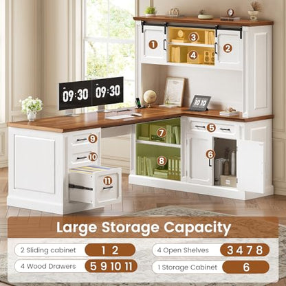 SEDETA 67" Farmhouse Executive L Shaped Desk with Hutch & Storage - color: White+brown, size: 67" L Shaped Desk with Hutch