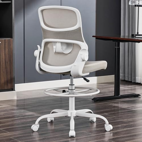 Armless Drafting Chair, Tall Office Chair for Standing Desks | A foot ring steadies legs through crafting and studio projects; breathable lumbar mesh and silent casters fit compact spaces. - color: Apricot-drafting