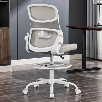 Armless Drafting Chair, Tall Office Chair for Standing Desks | A foot ring steadies legs through crafting and studio projects; breathable lumbar mesh and silent casters fit compact spaces. - color: Apricot-drafting