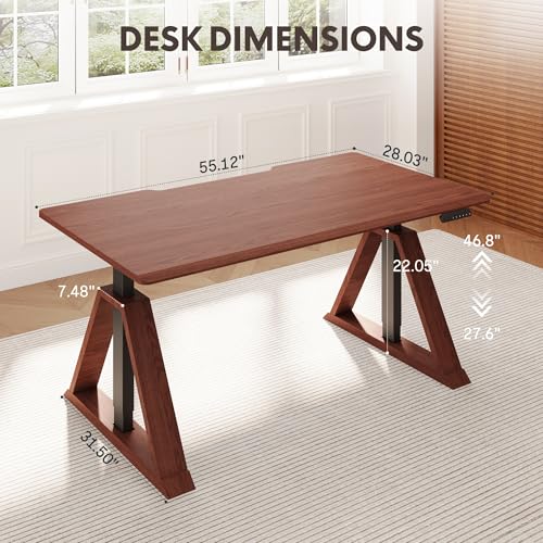 FLEXISPOT 55 x 28 Inch Oak Executive Standing Desk, Walnut | Mid-Century Modern Sit-Stand Desk, Architectural V-Frame Design, Multi-Monitor Setups, Dual Motor & 220 LBS - color: Walnut, size: 55"x28" Oak