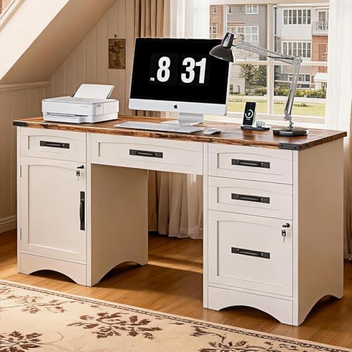 Decofy Farmhouse Executive Desk with Drawers, 55" Home Office Desks with Fast Charging Station, Lockable File Cabinet, Wood Writing Computer Desk for Work, Study, White - color: White, size: 55"