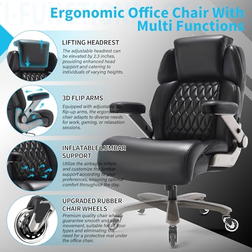 Big and Tall Office Chair 700lbs, Ergonomic High Back Computer Desk Chair | Adjustable Headrest&Lumbar Support, 3D Flip Arms, Large Wheels, Heavy Duty Metal Base, Thick Padded Wide Seat Executive Chair - color: Black