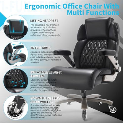 Big and Tall Office Chair 700lbs, Ergonomic High Back Computer Desk Chair | Adjustable Headrest&Lumbar Support, 3D Flip Arms, Large Wheels, Heavy Duty Metal Base, Thick Padded Wide Seat Executive Chair - color: Black