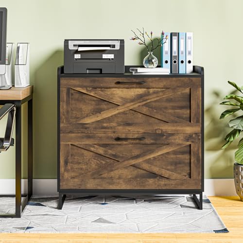 2 Drawer Lateral File Cabinet, Filing Cabinet with Charging Station for Letter/Legal/A4 Size Hanging Files, Modern Farmhouse File Cabinet for Home Office, Printer Stand with Storage, Brown and Black - color: Brown and Black