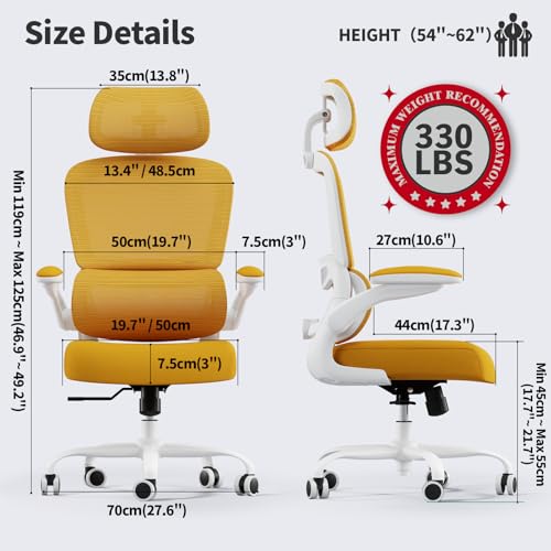 TRALT Office Chair Ergonomic Desk Chair - Gaming Chair with Lumbar Support | 330 LBS Home Office Desk Chairs with Headrest, Reading Chair with Flip-up Armrests, Comfortable Computer Chairs (1, Yellow) - color: Yellow
