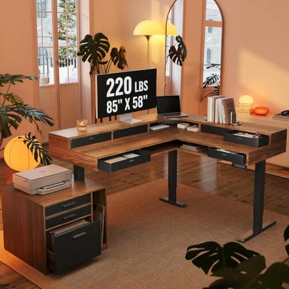 HUANUO 85" Electric L Shaped Standing Desk with File Cabinet, Walnut | 65"x58" 2-Tier L-Desk,File Cabinet, 6 Drawers,220lbs Carbon Steel,4 Memory Presets, 27.6"-46.5" Adjustable Height - color: Walnut, size: 6 Drawers+File Cabinet