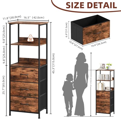 Somdot 5 Tier Bookshelf with 3 Drawers, Narrow Storage Bookcase for Bedroom | Tall Metal Frame Bookcase for Small Spaces, Living Room and Home Office, Brown - color: Brown