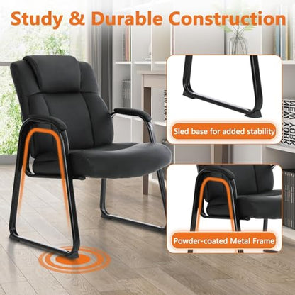 CLATINA Big and Tall Office Chair Set of 6 500lbs Leather Reception Chair with Bonded Padded Armrest Wide Seat Sled Base Desk Chair No Wheels for Reception Conference Waiting Room Side Office, Black - color: Black Sled Base, size: 6 Pack