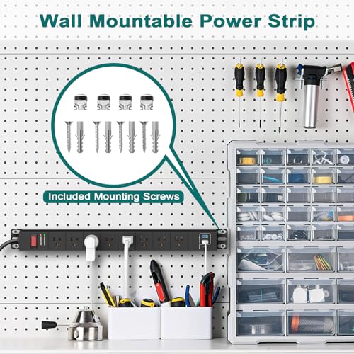 QBA 8 Outlet Metal Power Strip with USB C PD 20W, Heavy Duty Wide Spaced Outlets, Wall Mount for Home Office Garage Workshop, 6ft Cord, Black