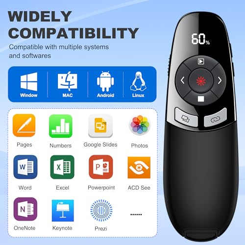 Presentation Clicker for PowerPoint with Red Laser Pointer and Timer, Wireless Clicker for Laptop Presentations Remote, Power Point Remote Clicker for Computer/Mac/PPT/Google Slide Advancer - size: Red-Timer-Battery Display