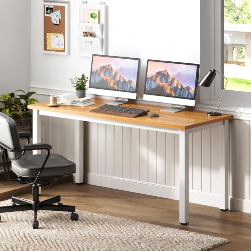 Need 54.3 Inch Large Computer Desk, Teak Wooden Top with White Metal Frame | Simple Style, Home Office, Basic Sturdy Writing Table, Study Student, Adjustable Feet, Water-Resistant, Easy Assembly - color: Teak & White, size: 54 inches