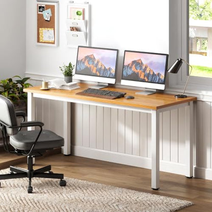 Need 54.3 Inch Large Computer Desk, Teak Wooden Top with White Metal Frame | Simple Style, Home Office, Basic Sturdy Writing Table, Study Student, Adjustable Feet, Water-Resistant, Easy Assembly - color: Teak & White, size: 54 inches