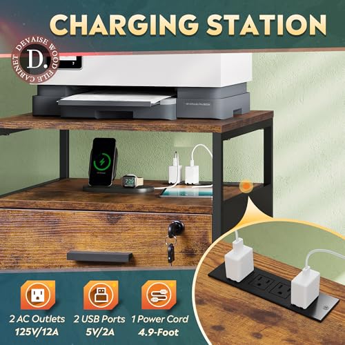 DEVAISE 2 Drawer File Cabinet with Lock, Charging Station, Brown | Adjustable Shelf, Rustic Wood Filing Cabinet, Mobile Printer Stand for A4/Letter Size Home Office - color: Rustic Brown, size: 2 Drawer