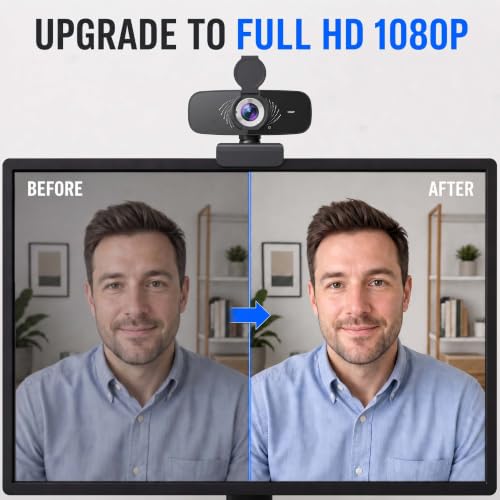 1080P Webcam with Microphone, Privacy Cover & USB-C Adapter