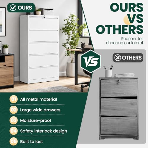 5 Drawer Lateral File Cabinet, Metal Filing Cabinet for Home Office, White | Heavy-Duty Steel Locking Large File Cabinet, Hanging Letter/Legal/A4 Size, Full-Extension Silent Drawer, Un-Assembly - color: White, size: 5 Drawers (35.43 in Width)