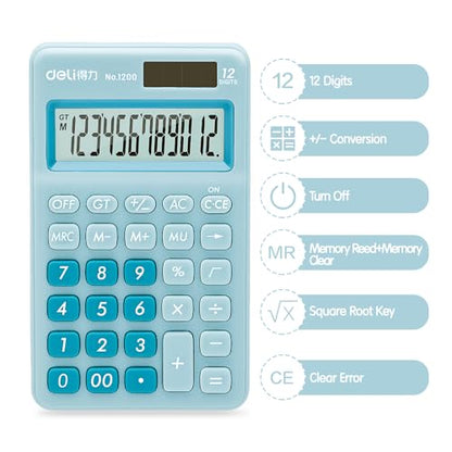 Deli Standard Function Basic Calculator, 12 Digit Desktop Calculator with Large LCD Display, Solar Battery Dual Power Office Calculators, Blue - color: Blue