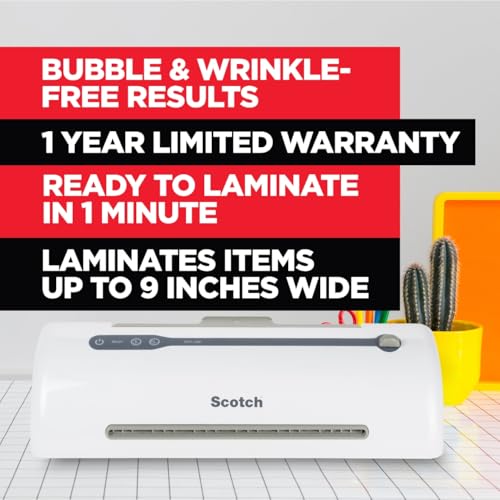 Scotch Rapid Thermal Laminator, 9 inch | Ready in 1 Minute, Never Jam Technology Automatically Prevents Misfed Items, Includes 2 Pouches, TL909X-EF
