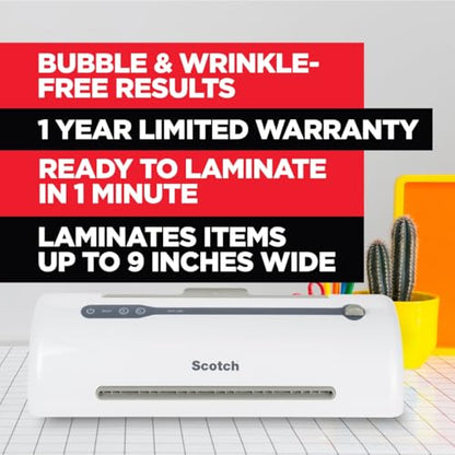 Scotch Rapid Thermal Laminator, 9 inch | Ready in 1 Minute, Never Jam Technology Automatically Prevents Misfed Items, Includes 2 Pouches, TL909X-EF