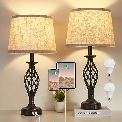 Table Lamp for Bedroom Set of 2 with USB C+A Ports,Modern Night Stand Lamps - color: Black Base + Beige Lampshade