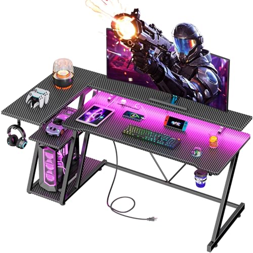 Korfile 55 Inch Gaming Desk with Power Outlet & LED Lights, L Shaped Gamer Computer Table with Storage Shelves for Bedroom, Corner Home Office Desk, Carbon Fiber Black | L Shaped Gamer Computer Table, Corner Home Office Desk, Storage Shelves, for Bedroom,