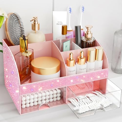 Bling Makeup Organizer with Drawers, Cosmetic Storage for Dresser Vanity and Bathroom Countertop, Beauty Holder for Lipstick Brush, Skincare Organizer for Vanity, Cosmetic Display Case Bling Pink - color: Bling Pink