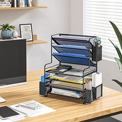 Simple Trending 7 Tier Desk File Organizer, Letter Tray Paper Organizer with Pen Holder and Metal Hanging Basket, Black - color: Pen Holder Black