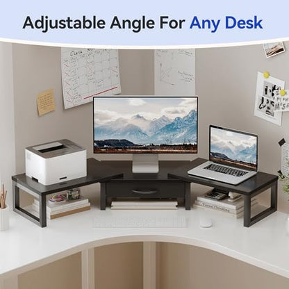 Dual Monitor Stand Riser, Desk Organizers and Accessories with Drawer, Computer Monitor Stands for Desk, Adjustable Desktop Shelf for PC Laptop Printer TV, Black