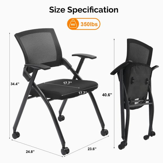 Stackable Office Chair with Wheels - Heavy Duty Folding Chair with Padded Seat & Flex Back, 350lb Capacity - Conference, Training Room, Guest, Reception - 1 Pack, Black