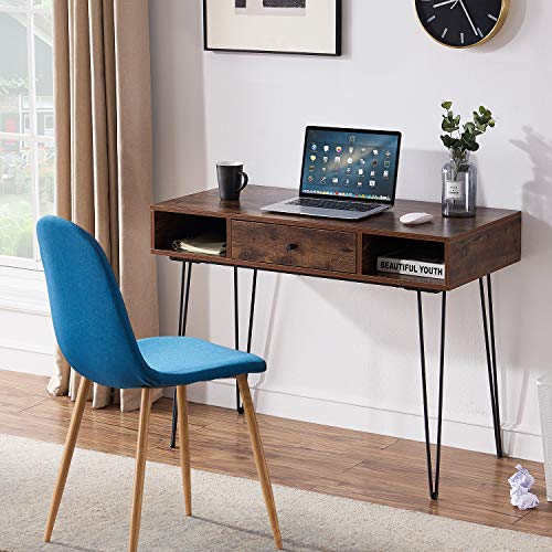 VECELO 39.3" Home Office Work Table with Drawers,Computer Desk with Hairpin Leg for Writing/Study,Retro Brown - color: Retro Brown