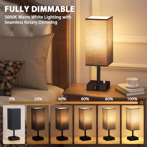 Black Bedside Table Lamps Set of 2 - Dimmable, USB C+A, 2 AC Outlets | Stepless Dimmable by Rotary Knob, 3000K LED Bulbs Included, Square Black Linen Shade, Nightstand Lamp for Living Room, Desk - color: Black