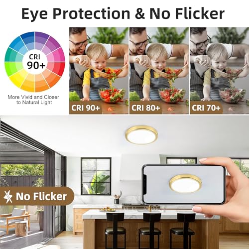 Hlite 9 Inch LED Flush Mount Ceiling Light,1800LM,6 Pack,3CCT | 18W 3000K/4000K/5000K Selectable,Super Slim,Low Profile Round Ceiling Light Fixtures for Kitchen,Bedroom,Hallway,Gold - color: Gold, size: 9 inch-6