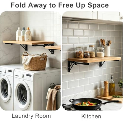 16 Inch Folding Shelf Brackets, Heavy Duty Metal Shelf Bracket Pair, Space Saving Fold Down Bracket for Wall Mounted Table, Garage, Kitchen, Laundry Room, Black, 2 Pack - size: 16 Inch