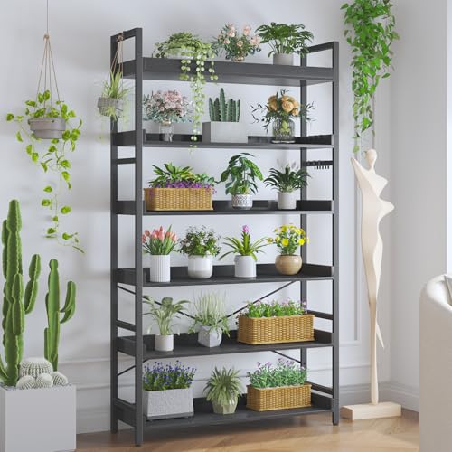 HCHQHS Bookshelf, Adjustable Industrial Bookcase, Vertical Tall Book Shelf, Wood and Black Metal Open Bookshelves for Home Office, Living Room, Bedroom (Black, 6-Tier (31" W x 70" H)) - color: Black, size: 6-Tier (31"W x 70"H)