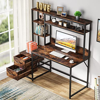 Tribesigns 55 Inch Computer Desk with 2 Drawers and Storage Shelves, Rustic Office Desk with Hutch, Study Writing Gaming Table Laptop Workstation for Home Office (Brown) - color: Brown