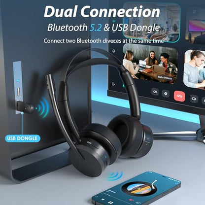 Wireless Headset with Mic for Work, Bluetooth Headset with Microphone for PC, Noise Cancelling Headphones with Mic Mute Button & USB for Call Center/Office/Home/Computer/Laptop/Cell Phones/Teams/Zoom