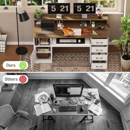 RALGEND 55" Office Desk with Drawers, Farmhouse Executive Desk with Drawers - color: White, Walnut