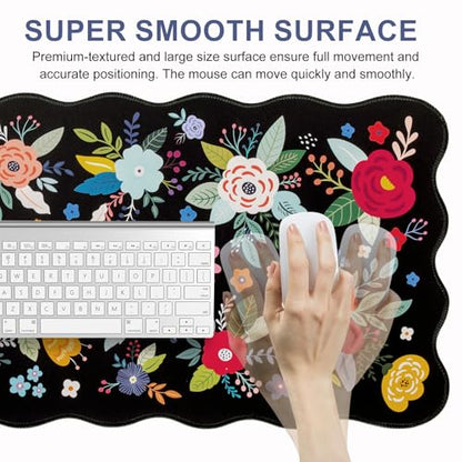 L-SPOUTTO Floral Mouse Pad, Black Scalloped Desk Mat XXL Gaming Mousepad | Botanical Large 35.4x15.7in Non-Slip Rubber Base Keyboard Pad Waterproof Desktop Mat for Laptop Computer Game Home Office - color: Colorful Flowers