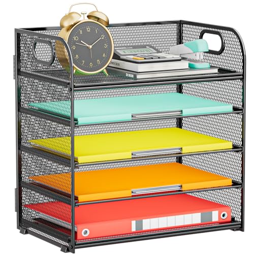 Paper Organizer Letter Tray with Handle, 5-Tier Black | Stackable Desk Organizer with Metal Mesh, Sturdy Paper Tray for Office Desk, Home & Classroom Supplies Storage - color: Black, size: 12.6" x 9.1" x 13.4"