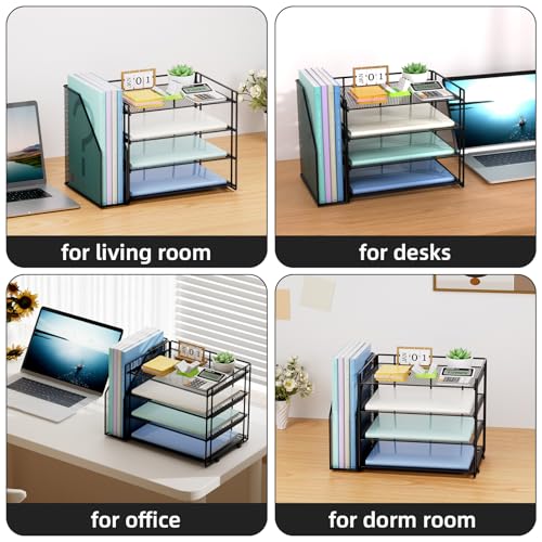 Marbrasse 4-Tier Paper Tray Organizer with File Holder, Black | Sturdy Paper Tray, Built-in File Holder, fits Letters/Docs, Saves Desk Space, for School/Office/Home - color: Black